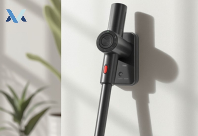 Cordless stick vacuum cleaner charging on its wall dock